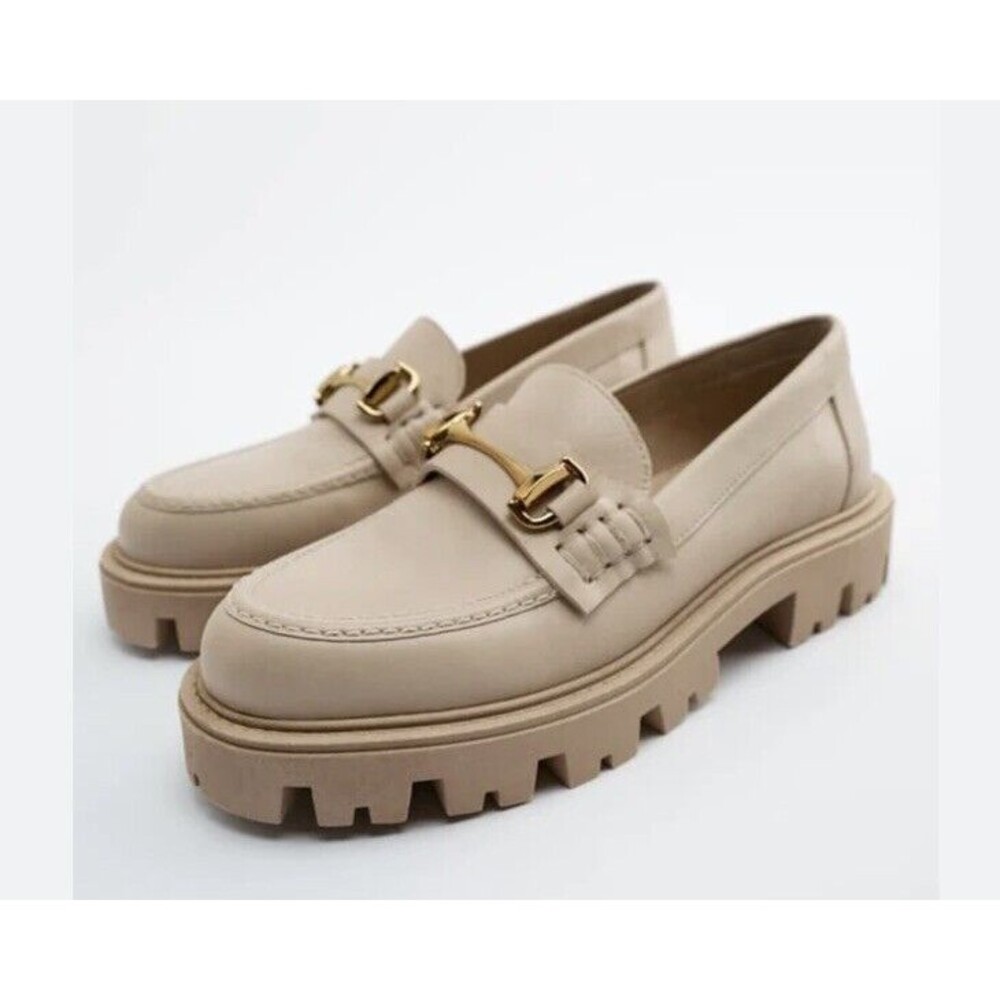 Zara Leather Buckle Lug Chunky Sole Loafers Women 38 7.5 8 Beige Slip On Shoes